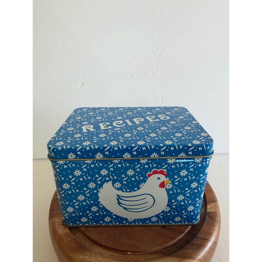 Vintage Blue Hen Metal Recipe Box Floral Tin with Dividers Farmhouse Kitchen